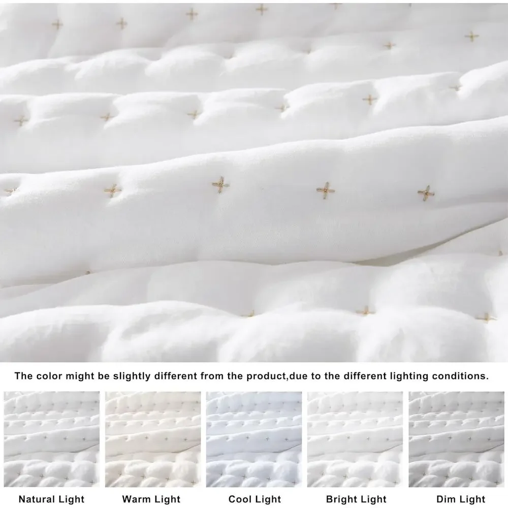 WDCOZY White Cross Stitch Queen Size Quilt Set, Striped Lightweight Bedspread